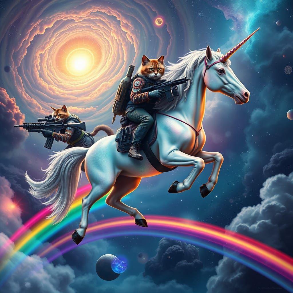 Fierce Felines Ride Majestic Unicorn Across Celestial Rainbo...