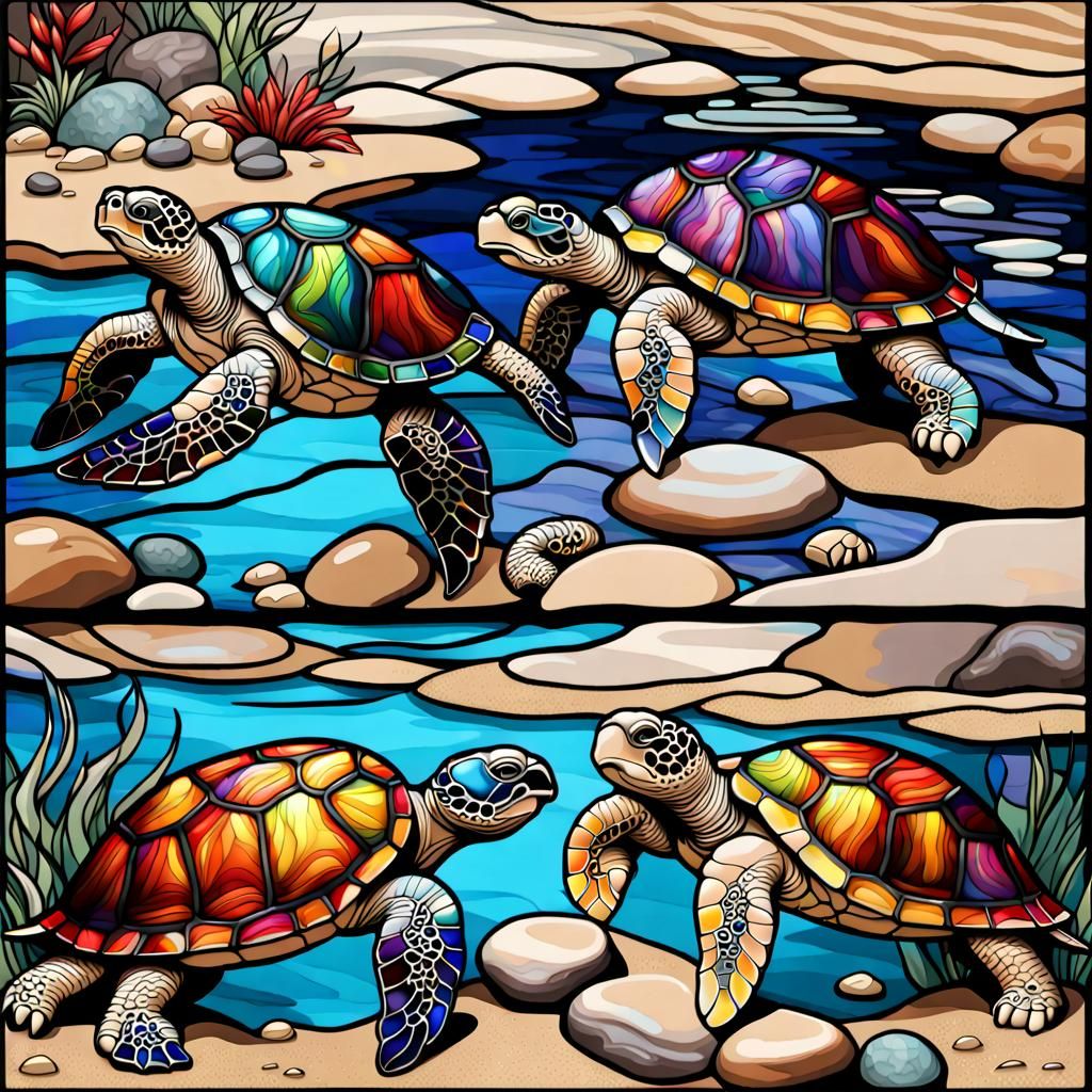 Stained Glass Turtles on Beach with Silver Filigree
