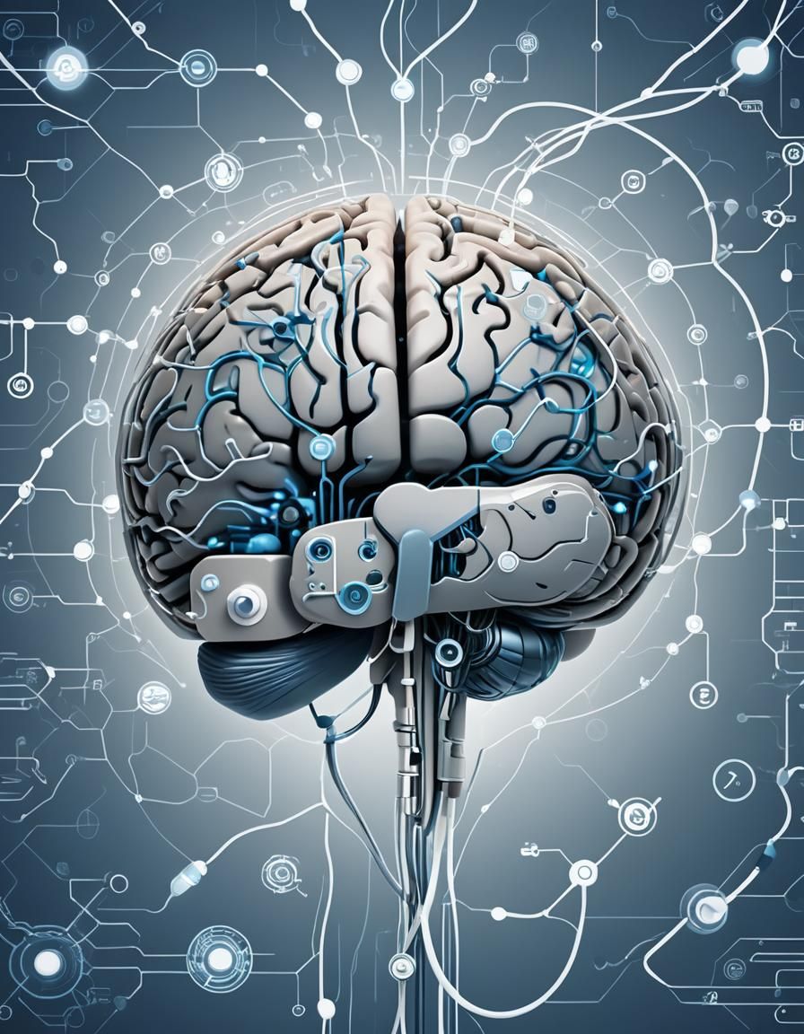 Stylized Brain with Medical and Digital Icons