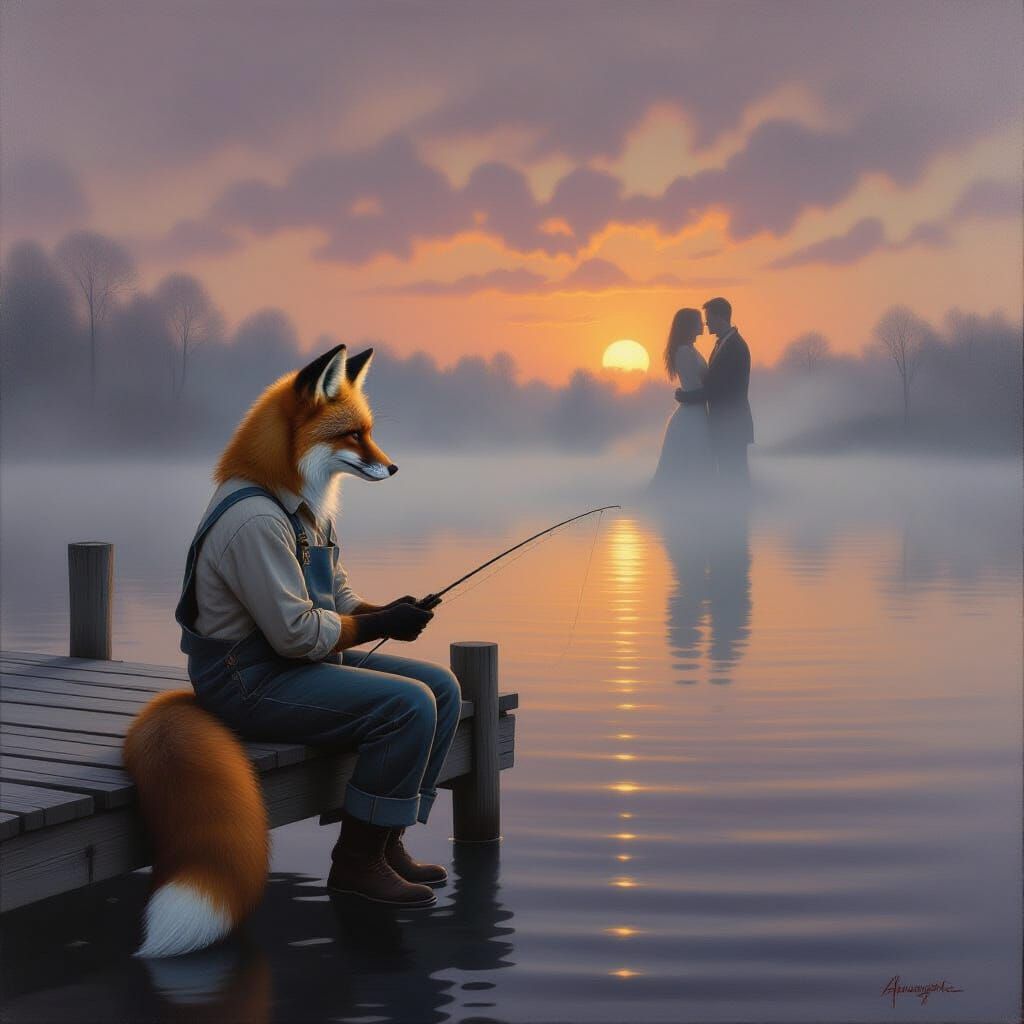 Fox Fisherman on Misty Lake at Sunset Oil Painting