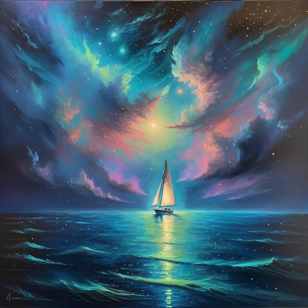 Bioluminescent Sailboat Voyage in Maximalist Oil Painting