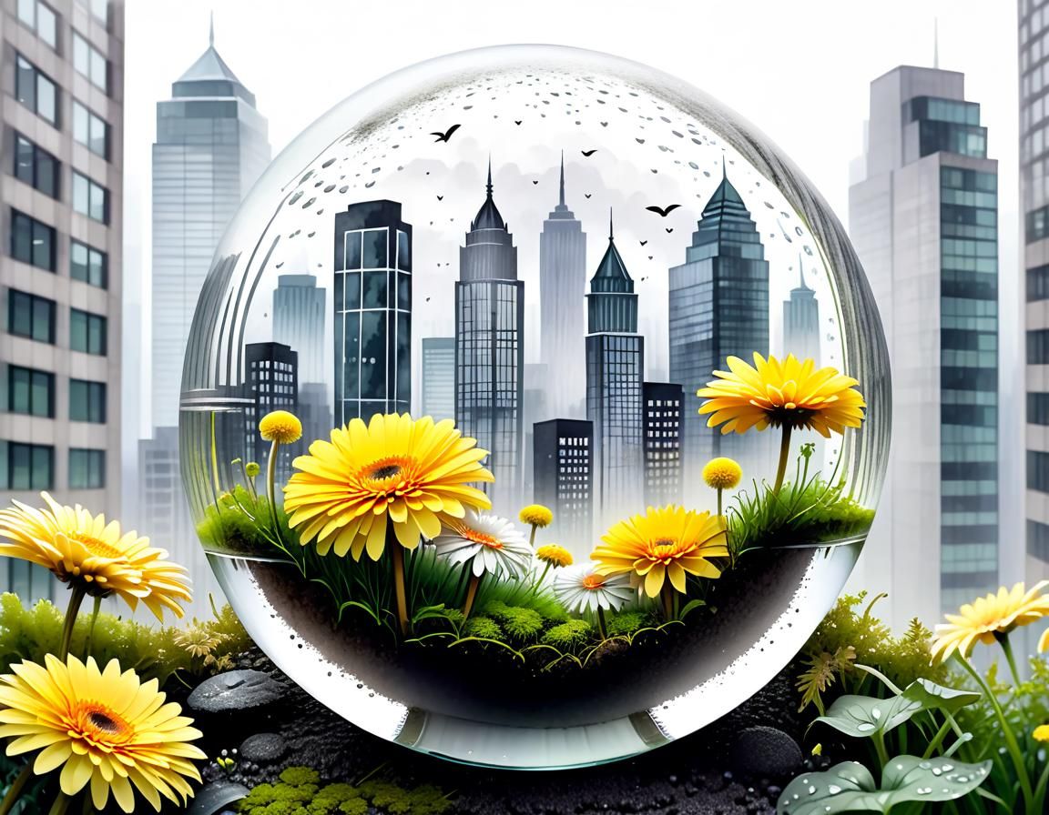 Glass Sphere with Flowers and Cityscape, Watercolour Art