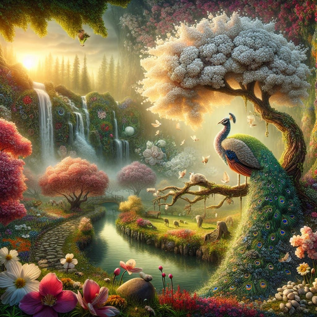 Nature Peacock Under Cherry Tree, Hyperrealistic Art