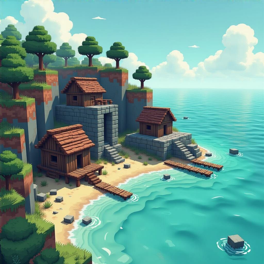 Minecraft Landscape by Turquoise Sea in Digital Art Style