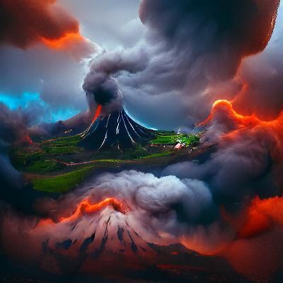 Volcano Under Stormy Clouds in Detailed Matte Painting