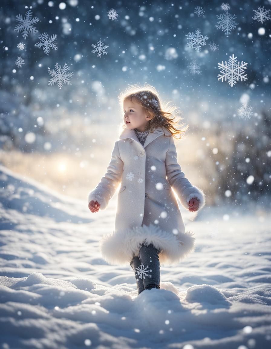 Dreamy Child in Snow, Dramatic Lighting