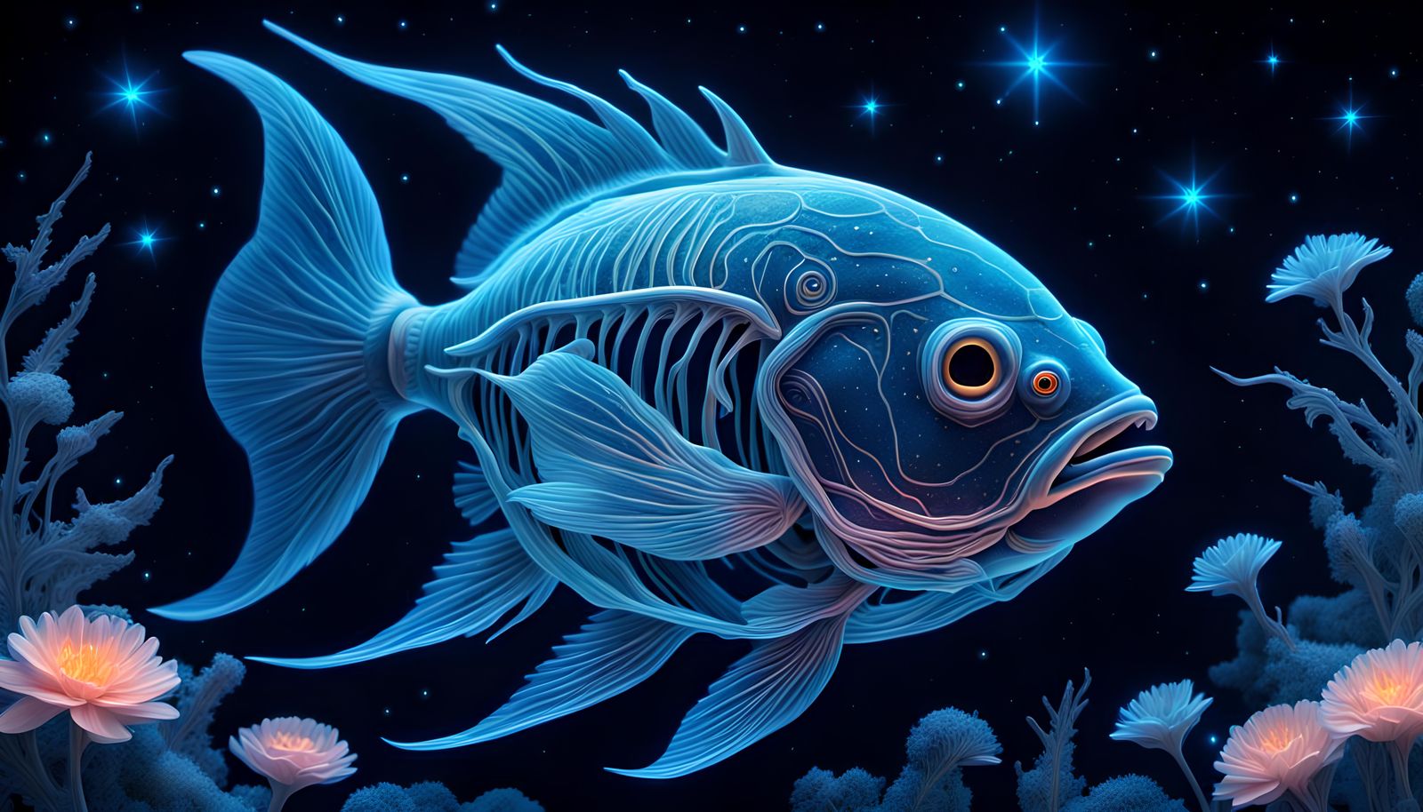 Bioluminescent Fish in Starry Night Sky