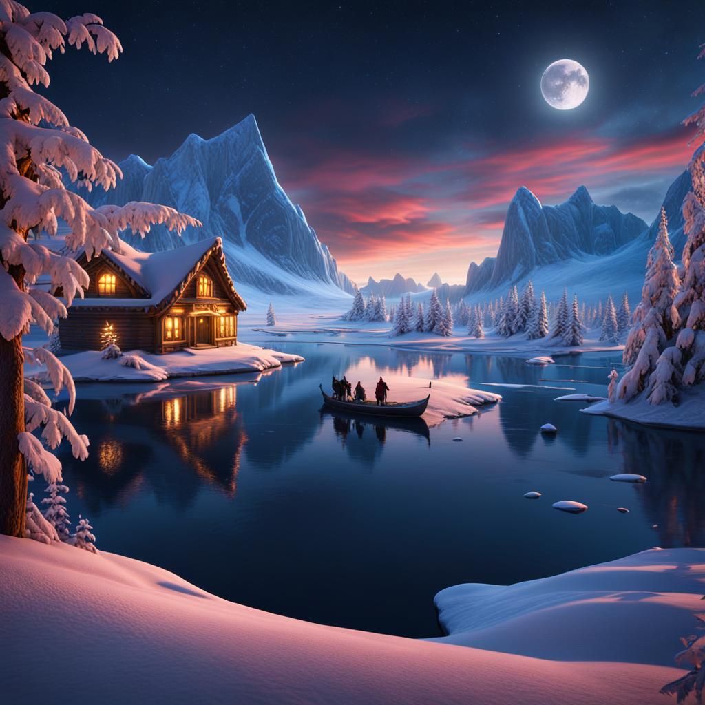 Santa's Sleigh Pulled by Tigers Over Frozen Greenland