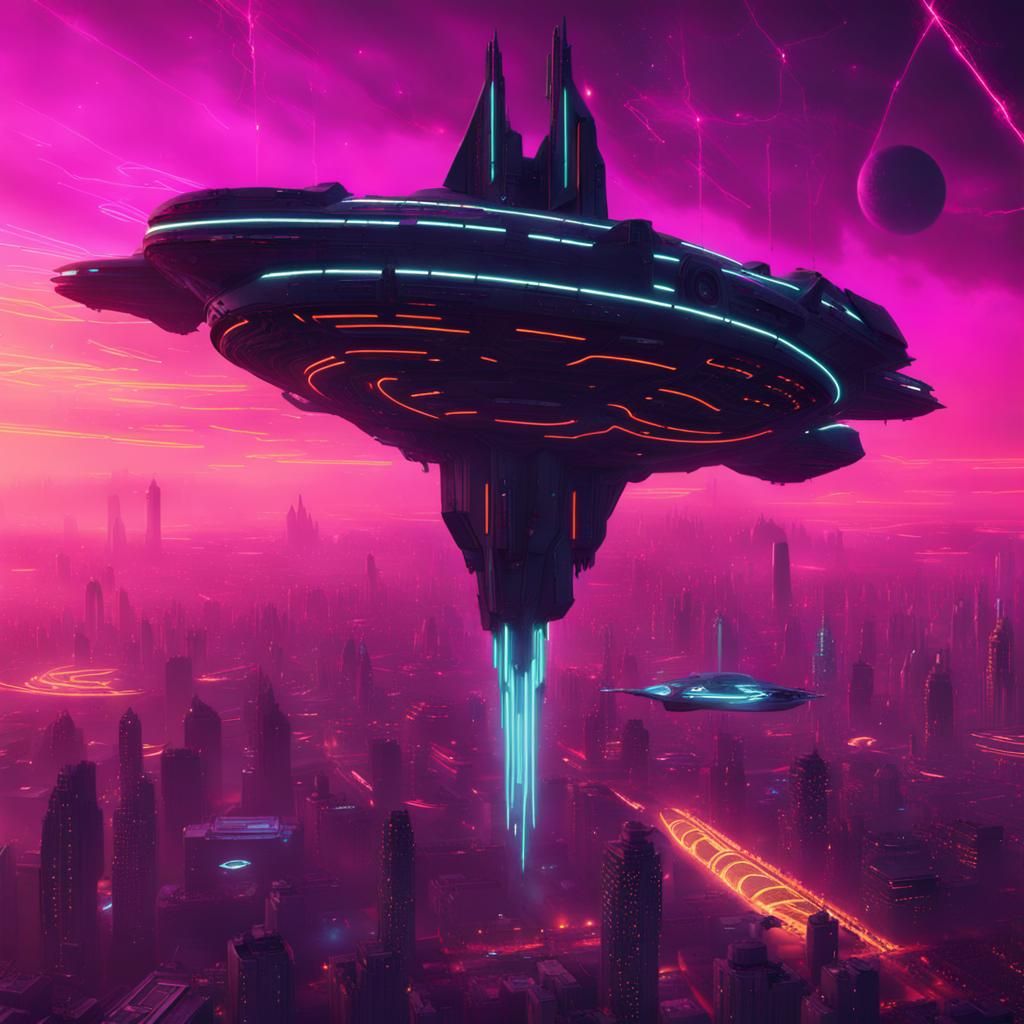 Sci-Fi Spaceship near Ringed Planet in Cyberpunk Style