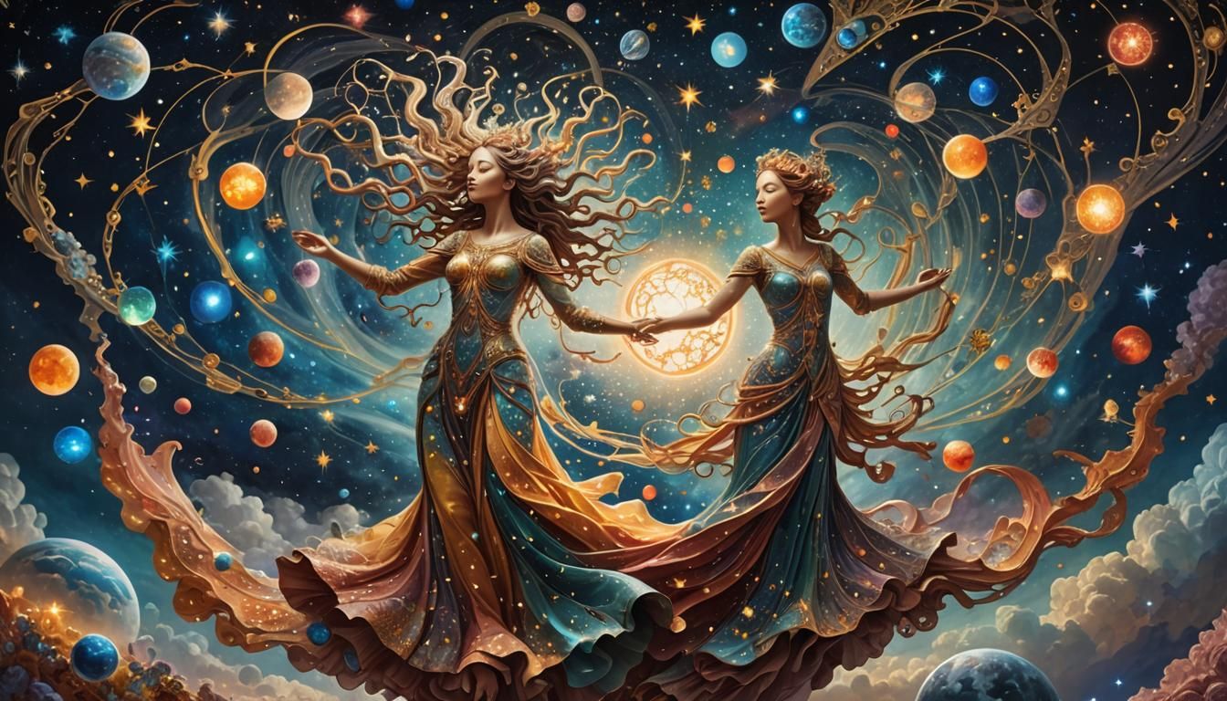 Ethereal Figure Floating in Starry Celestial Landscape