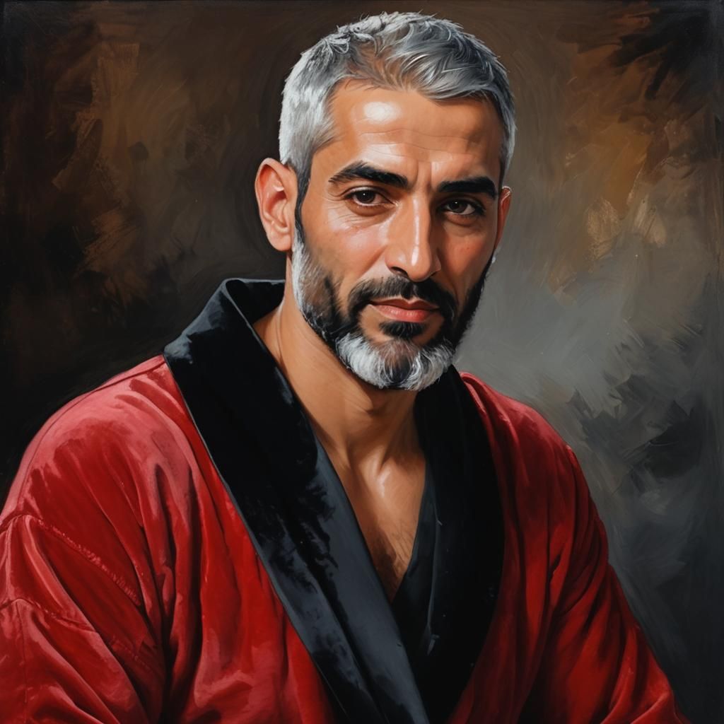 Elegant Man in Red Velvet Robe, Impressionist Oil Painting