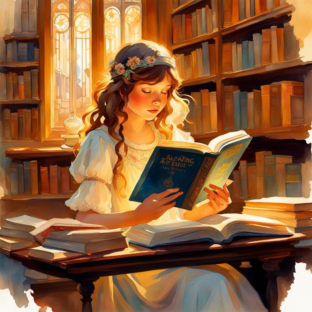 Girl Reading in Library, Watercolor Gouache Painting