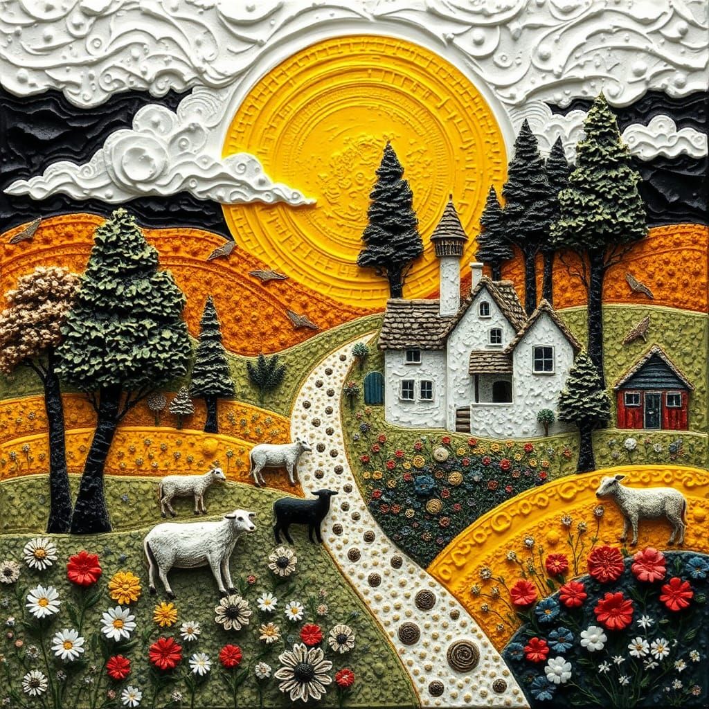 Encaustic Painting of Village Under Yellow Harvest Moon
