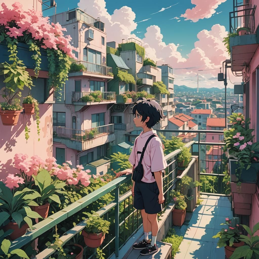 Floating Garden City in Lo-Fi Anime Style
