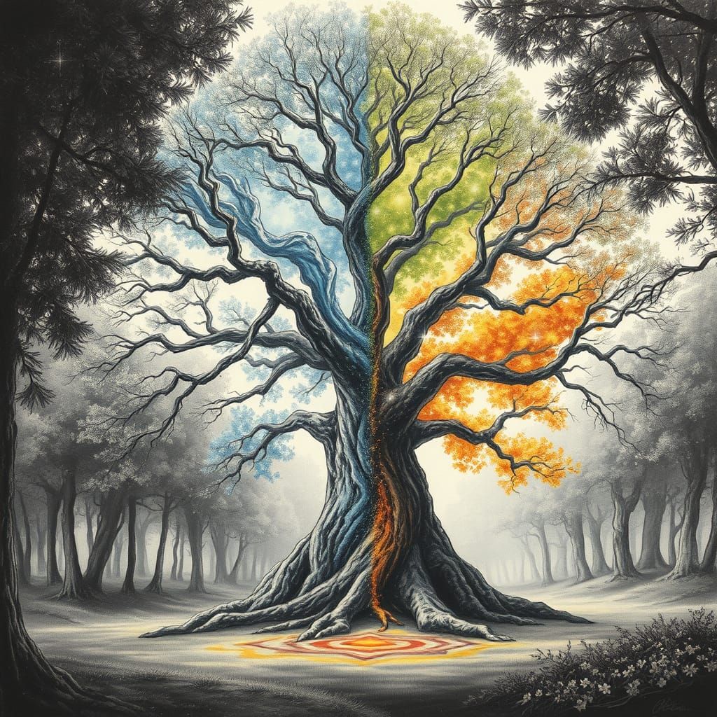 Whimsical Elemental Tree in a Lush Forest