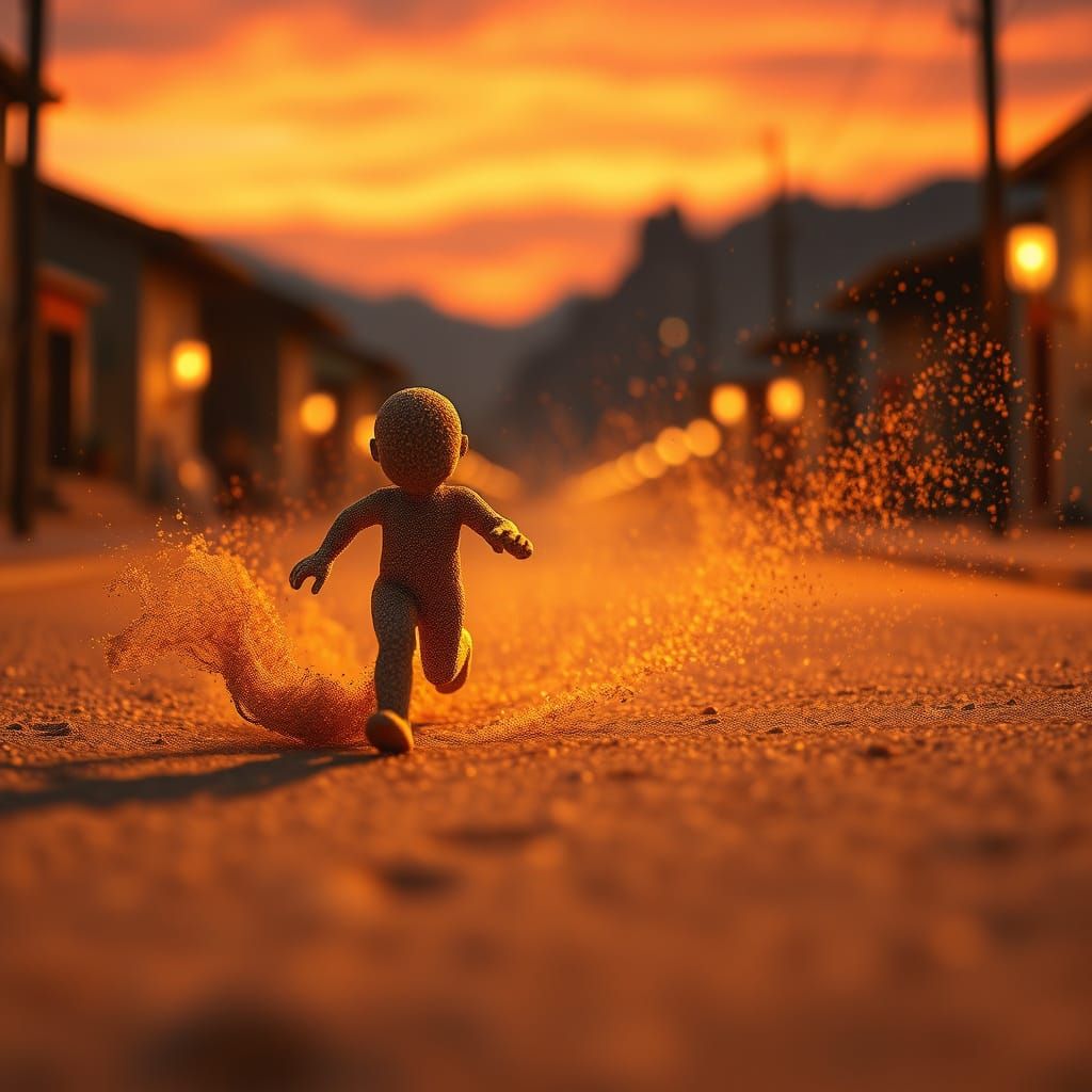 Golden Sand Figure Runs Down Twilight Street in Vibrant, Fan...
