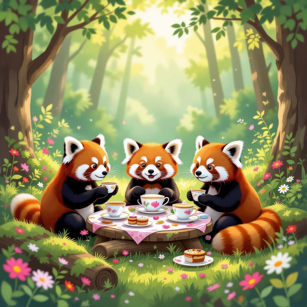 Red Pandas Host Whimsical Tea Party in Sun-Dappled Forest