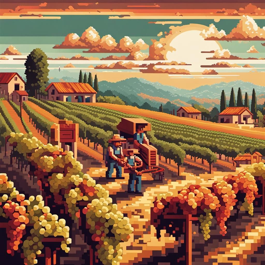 Farmers Harvesting Grapes in 8-bit Pixel Art