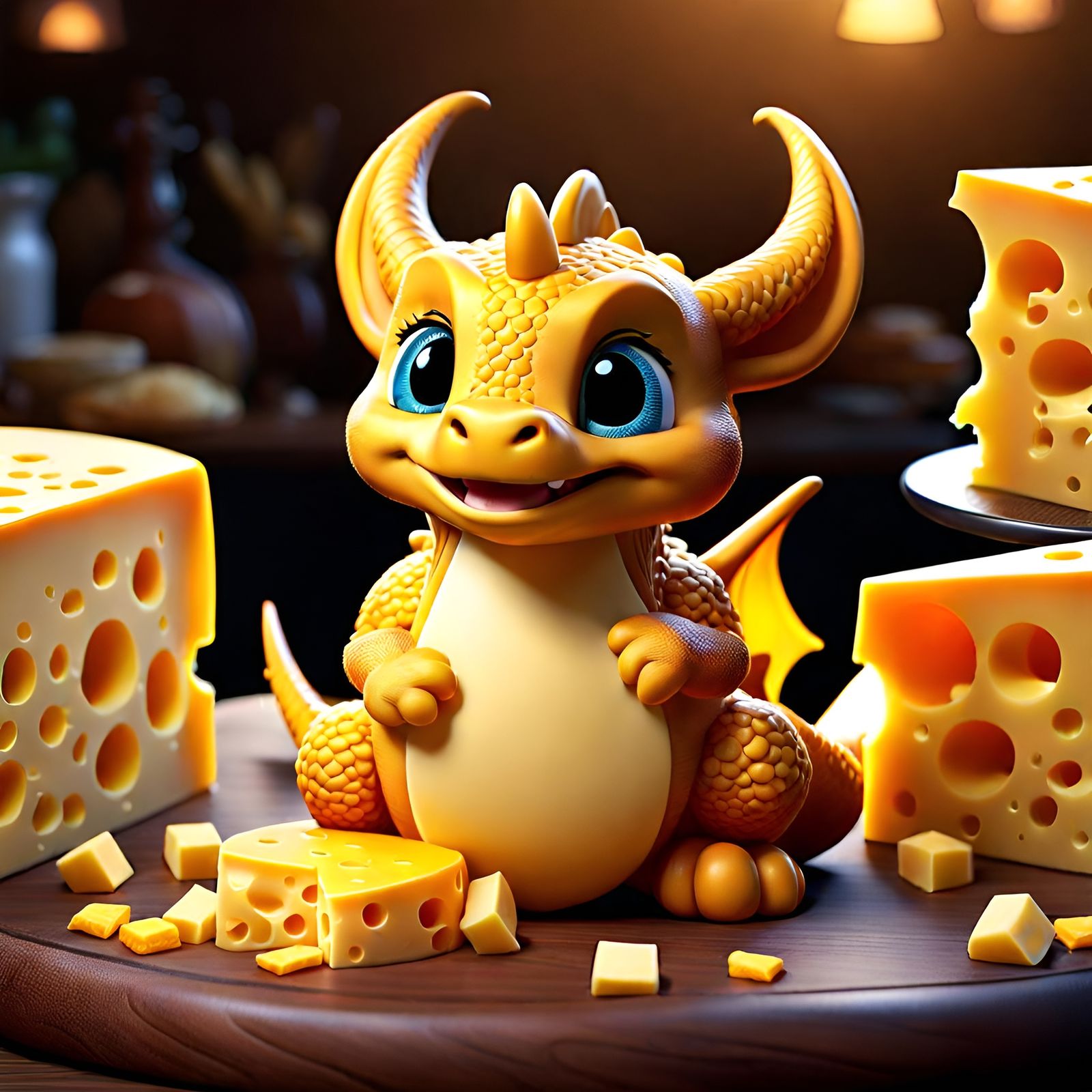 Cute Cheddar Dragon on Cheese Table, Pixar Style