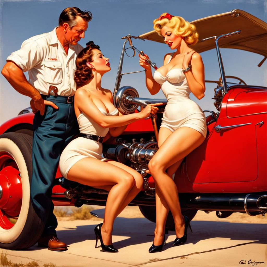 Woman and Mechanic in Gil Elvgren Pin-Up Style