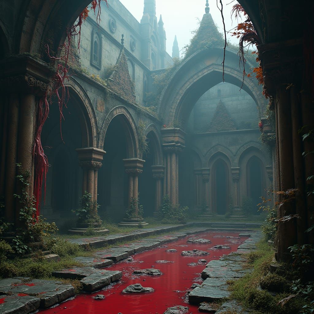 Ruined Gothic Temple in Dark Biomechanical Style