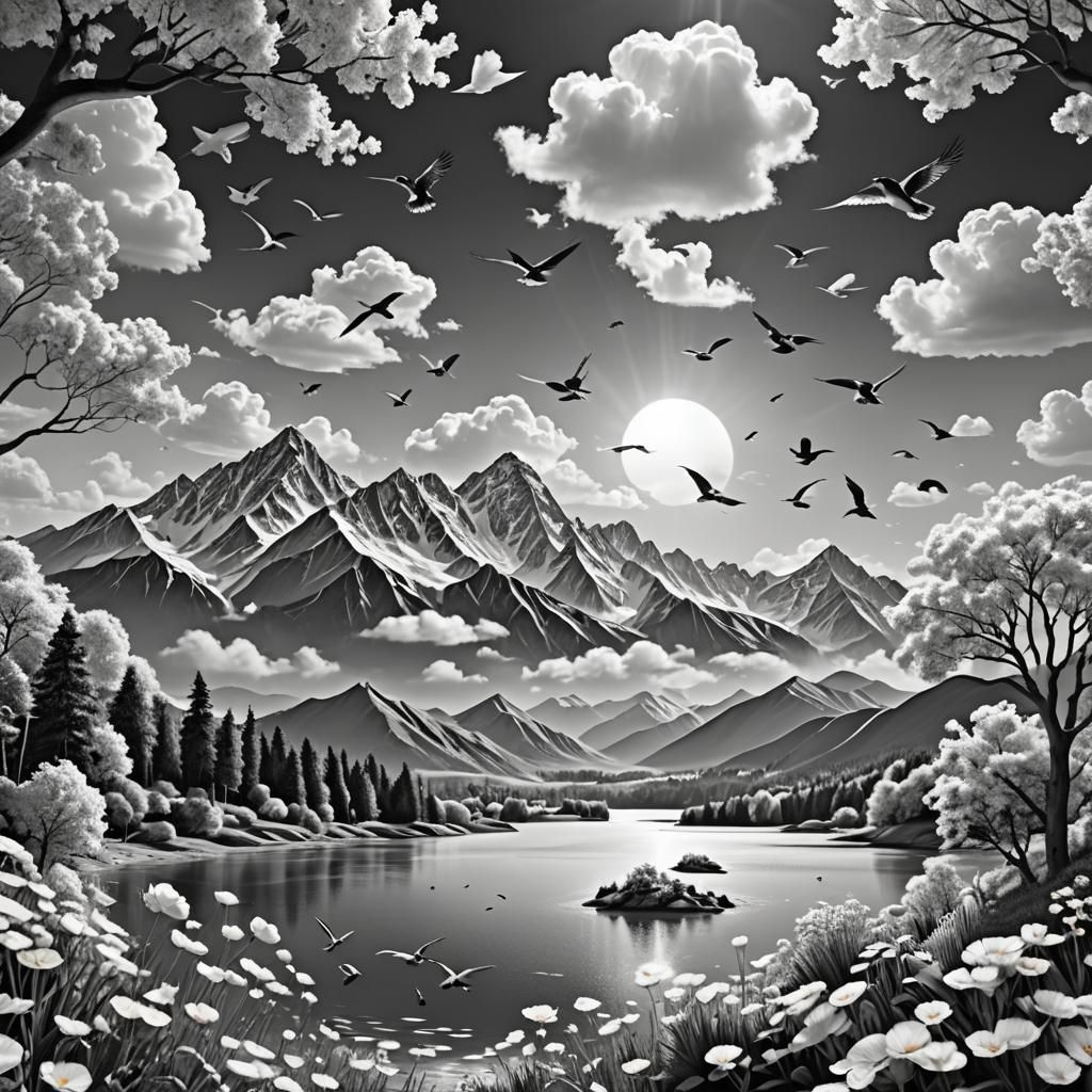 Detailed Black and White 3D Mountain Landscape
