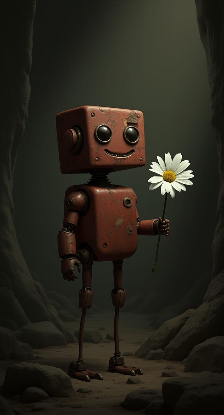 Robot Finds Daisy in Dystopian Landscape