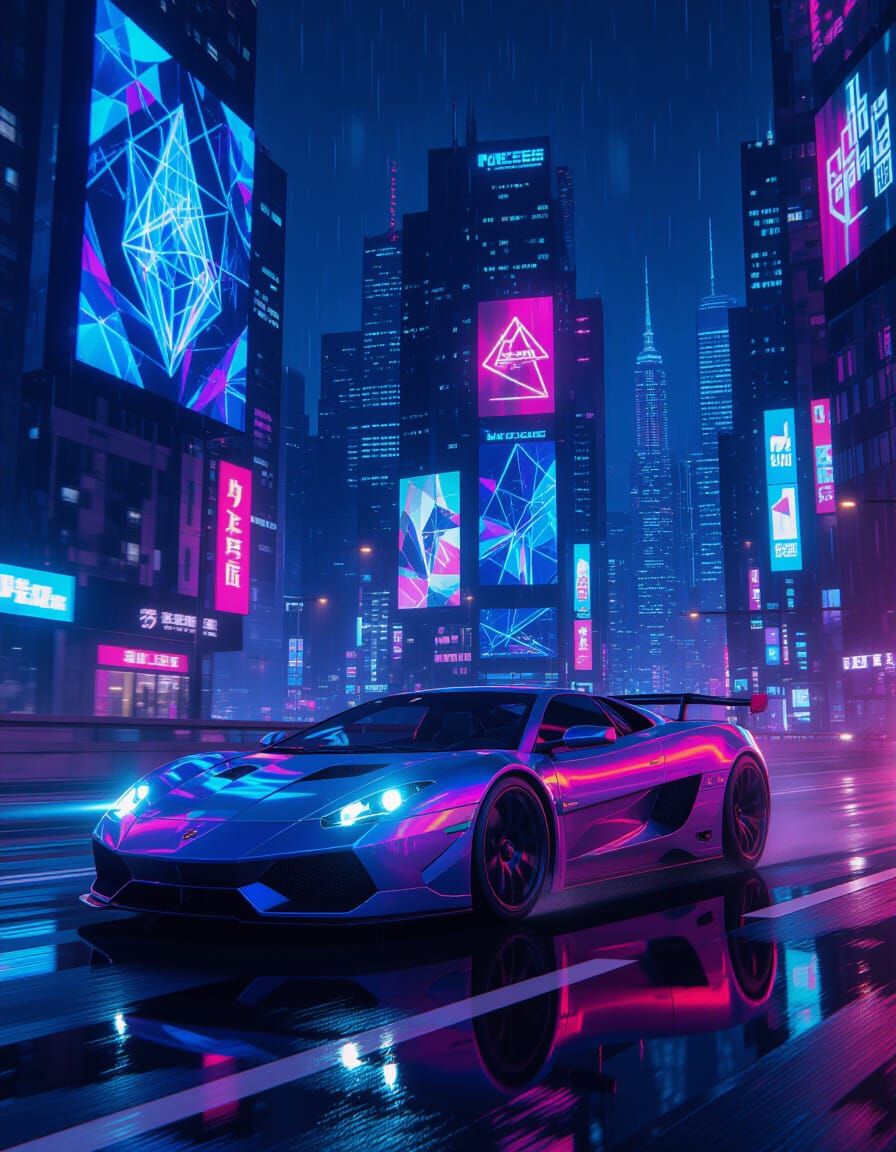 Hyperrealistic Cosmic Supercar Speeds Through Neon Cyberpunk...
