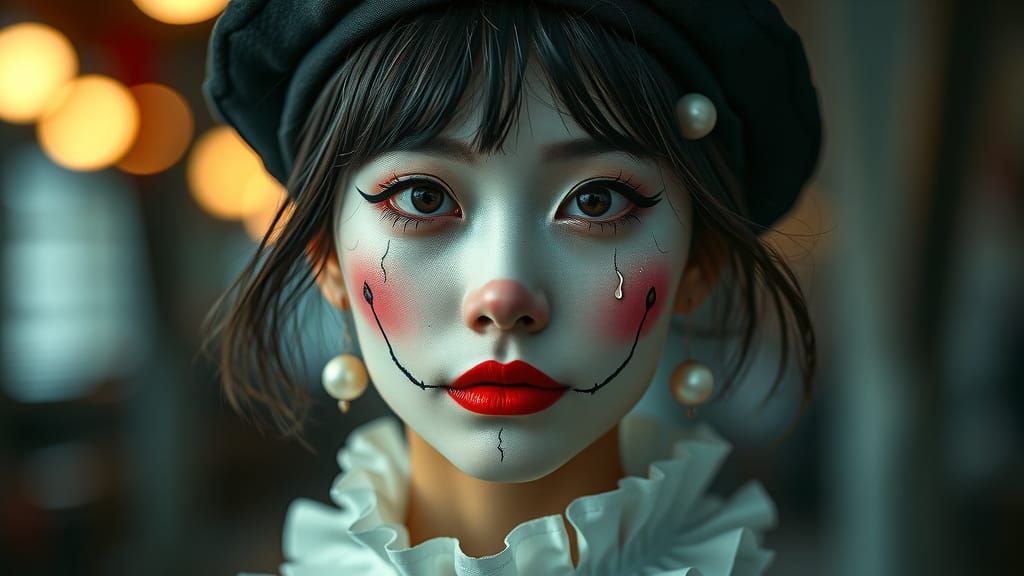Porcelain Clown: Surreal Portrait with Bokeh Lights