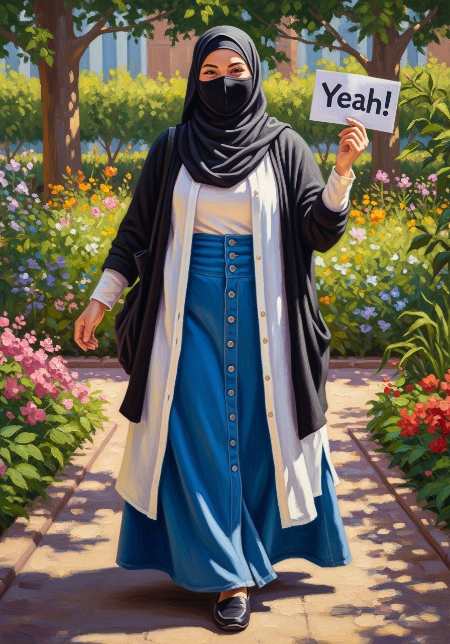 Smiling Hijabi Woman Holds "Yeah!" Sign in Garden