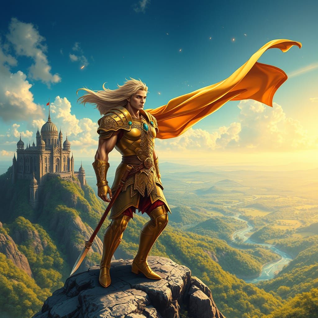 Chiseled Warrior Stands Vigilant Over Mystical Kingdom