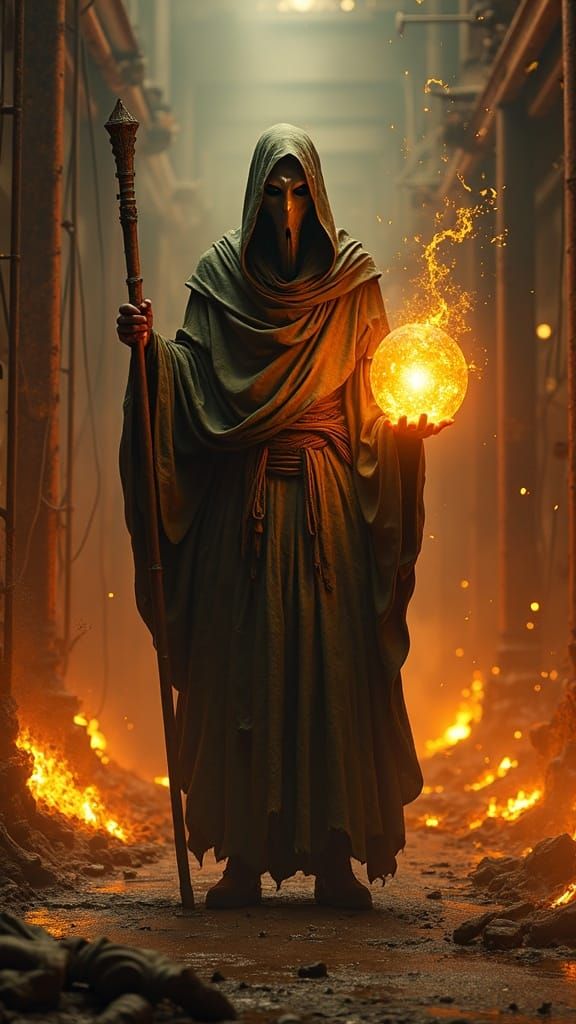 Mysterious Hooded Wanderer on Molten Platform in Industrial ...