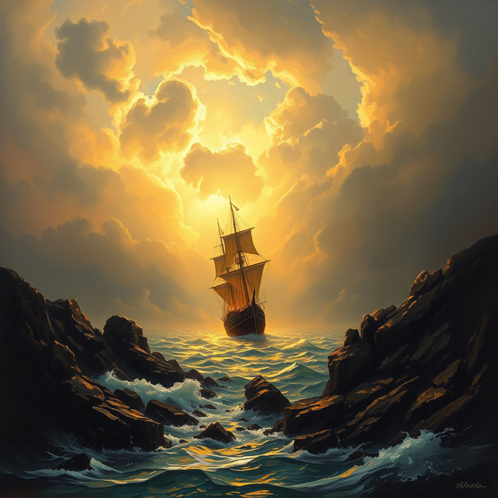 Ship in Harbor Landscape as Romantic Painting