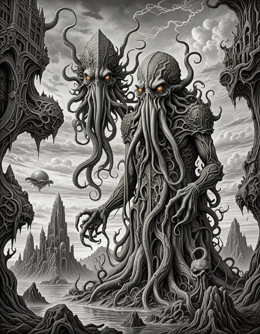 Surreal Digital Drawing of Cthulhu Hybrid in Dystopian Lands...