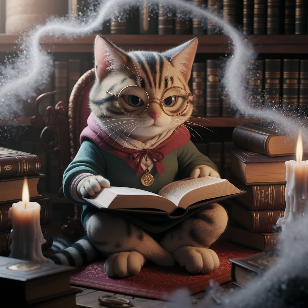 Enchanted Cat Scholar Lost in Mystical Texts Amidst Whimsica...