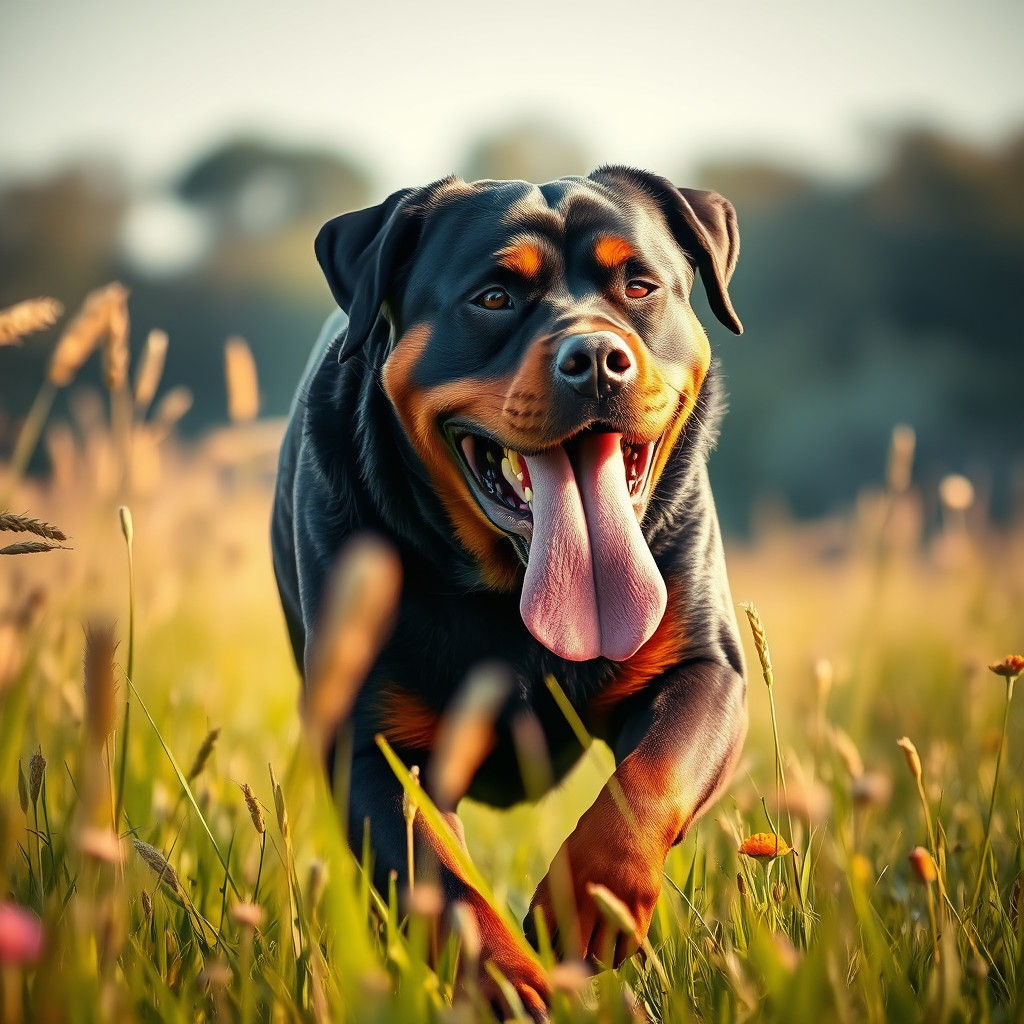 Rottweiler Runs Through Sun-Drenched Field
