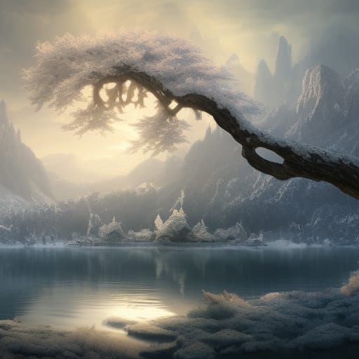 Winter Lake: White Tree in Fantasy Landscape