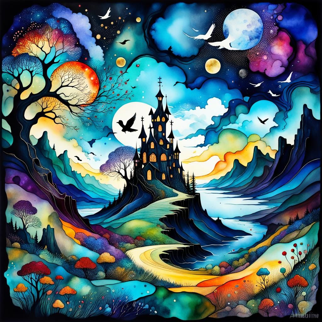 Abstract Alcohol Ink Landscape in Mixed Media Style