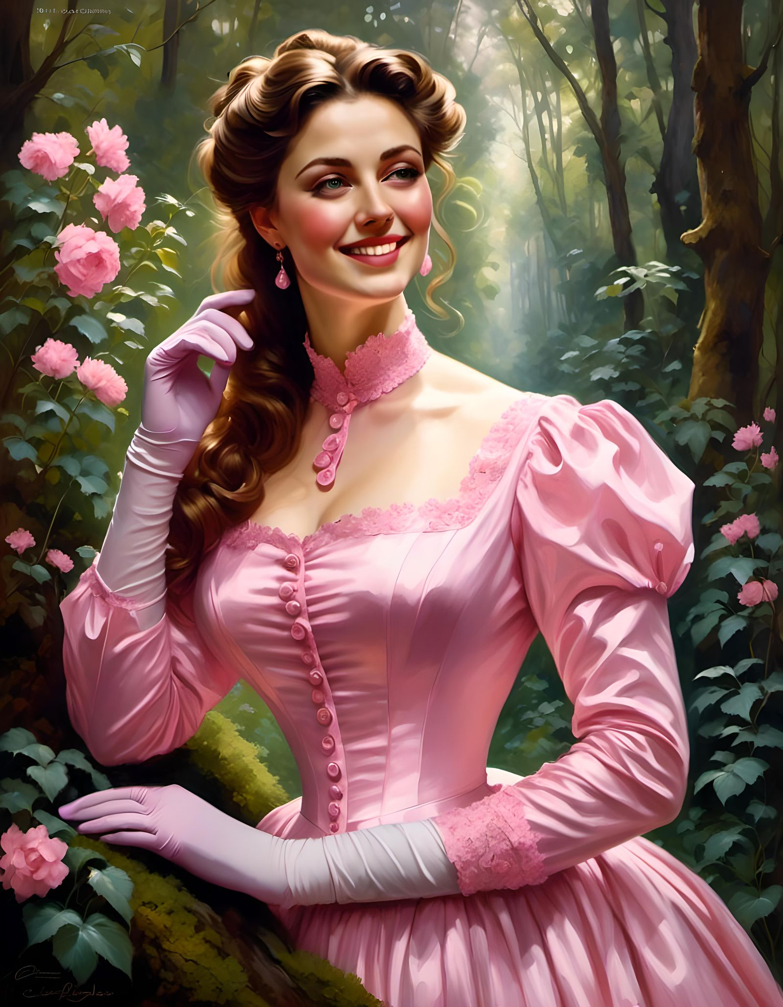 Victorian Woman in Pink Satin Dress