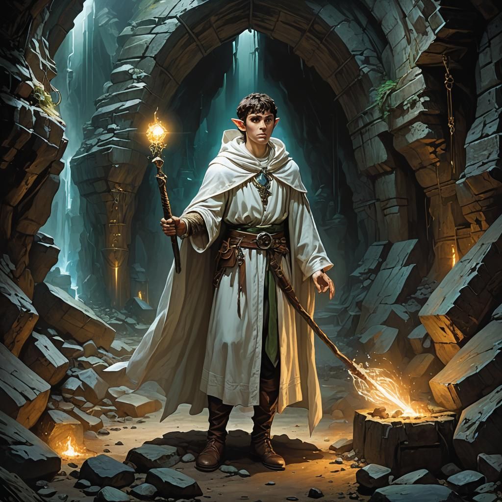 Elf Sorcerer in Abandoned Mine with Magic Artifacts