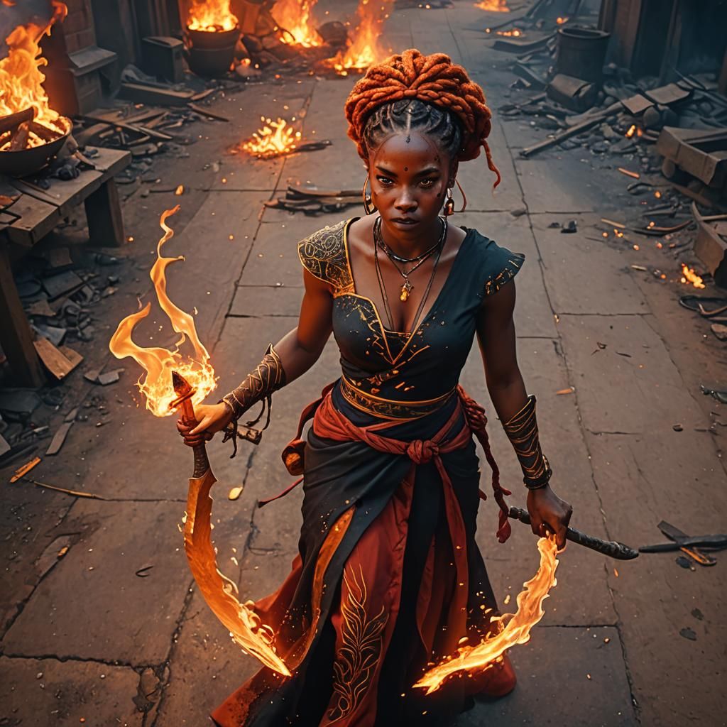 Fire Genasi Woman with Flames: Epic Fantasy Art