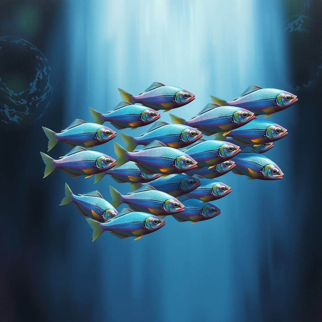 Iridescent Fish Ascend Ethereal Waterfall in Vibrant Colors