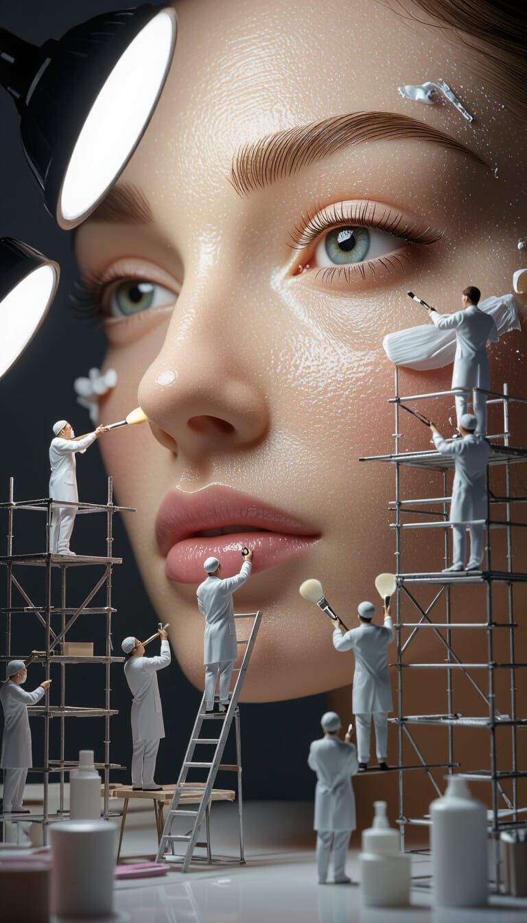 Giant Cosmetologists Work on Model's Face in Macro Shot