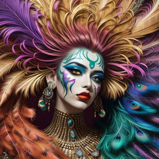 Abstract Woman with Peacock Feathers Hair
