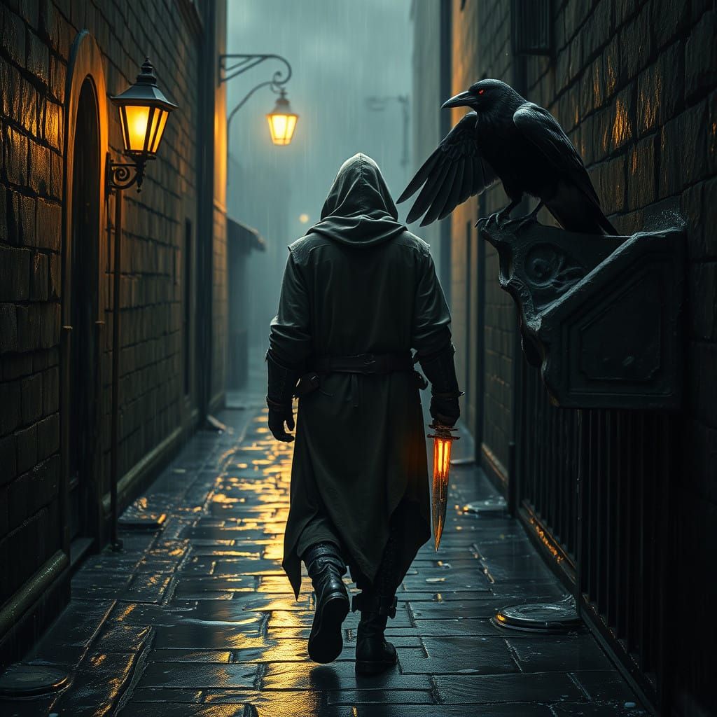 Mysterious Figure Disappears into Rainy Alley, Gaslight Glow