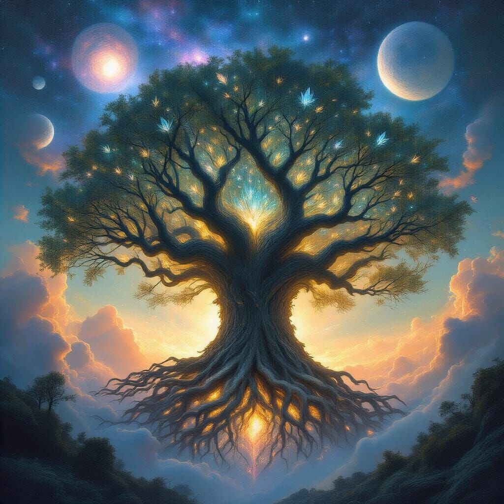 Ancient Cosmic Tree with Crystal Leaves in Nebula