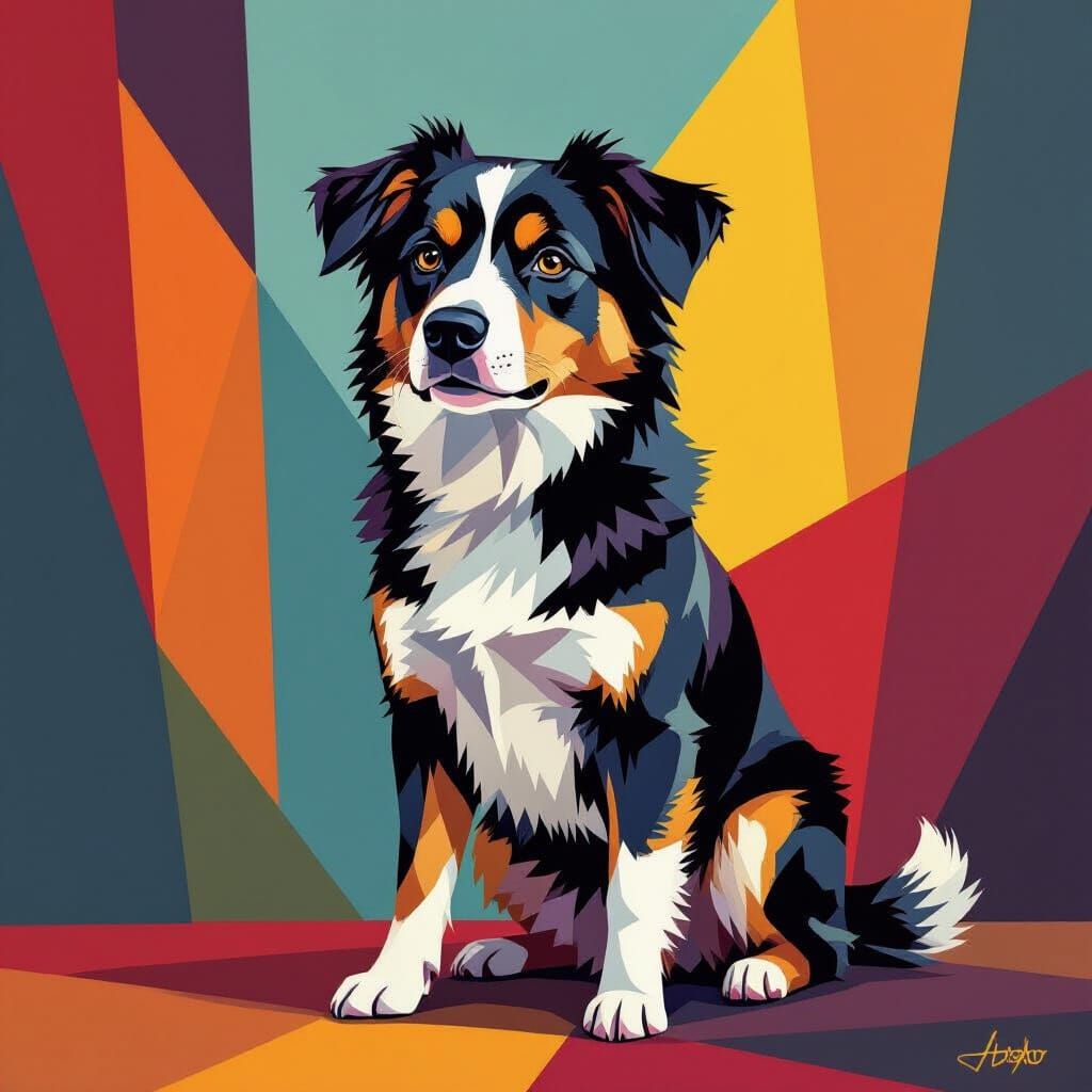 Neo-Cubist Dog Portrait in Geometric Style