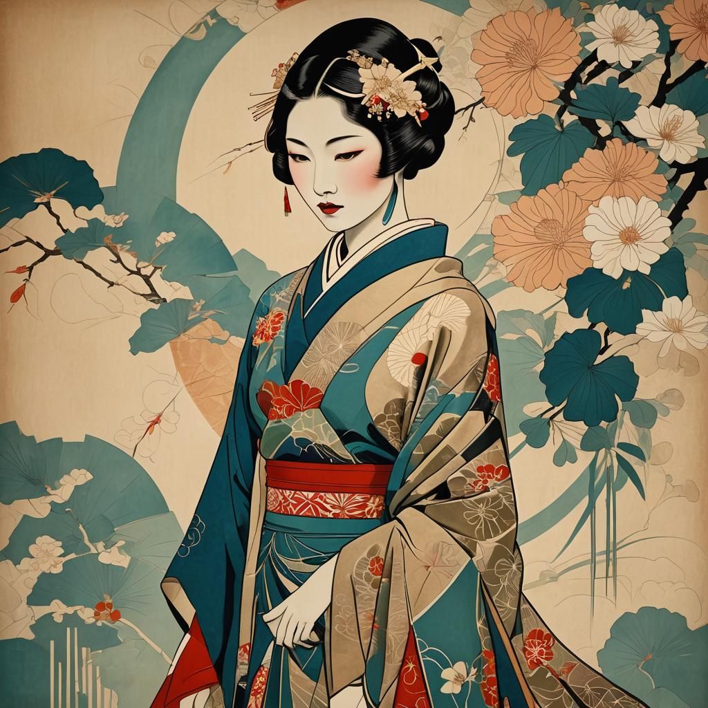 Art Deco Japanese Woman in Abstract Style