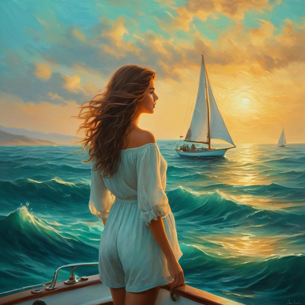 Girl on Sailboat: Romantic Oil Painting in Dream Ocean
