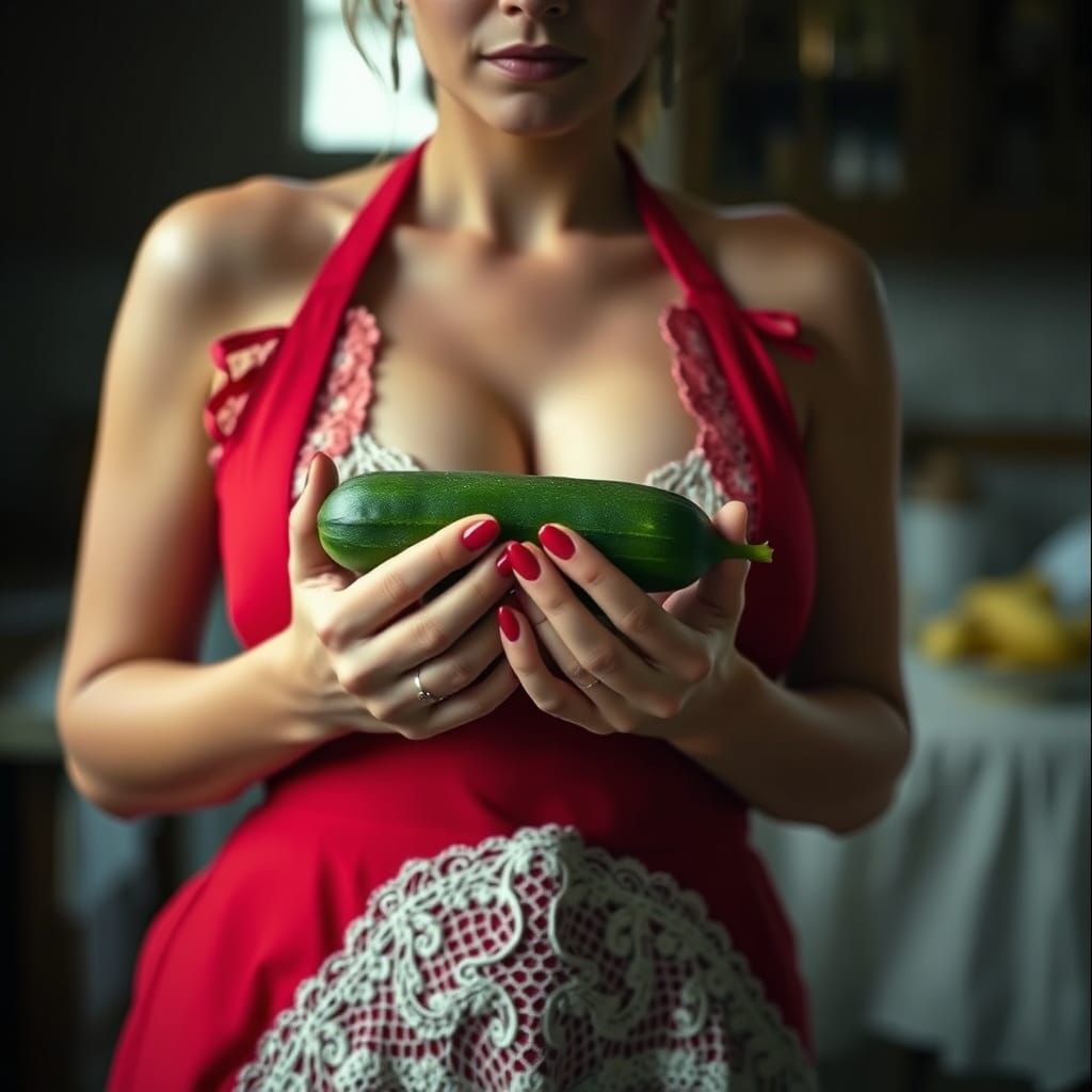 Woman in Apron Holding Cucumber: Cinematic Film